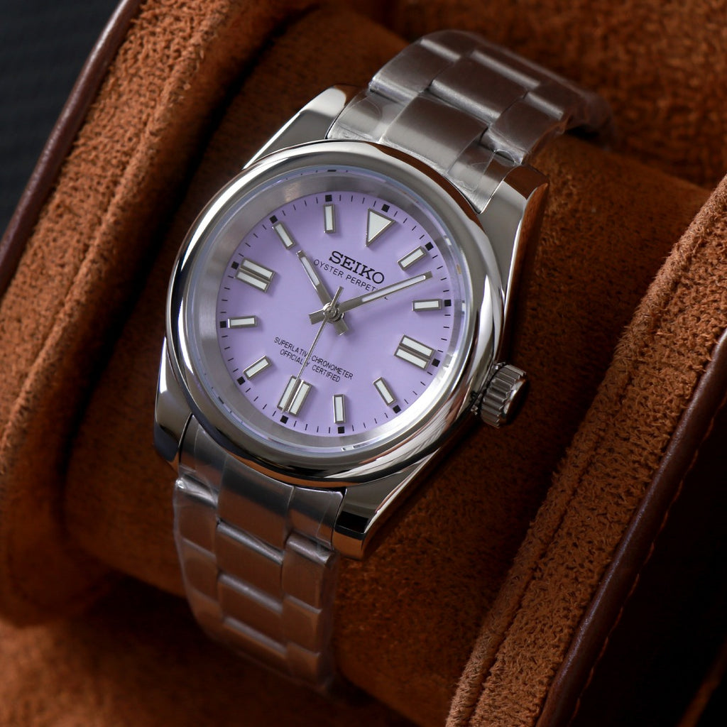 ORA Oyster Perpetual-style Seiko Mod watch, lavender dial, stainless steel, 36mm – bezel close-up