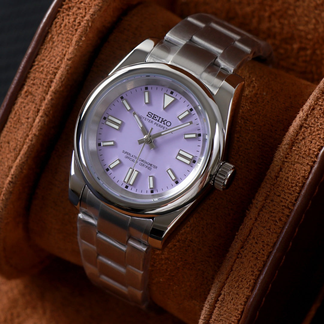 ORA Oyster Perpetual-style Seiko Mod watch, lavender dial, stainless steel, 36mm – bezel close-up