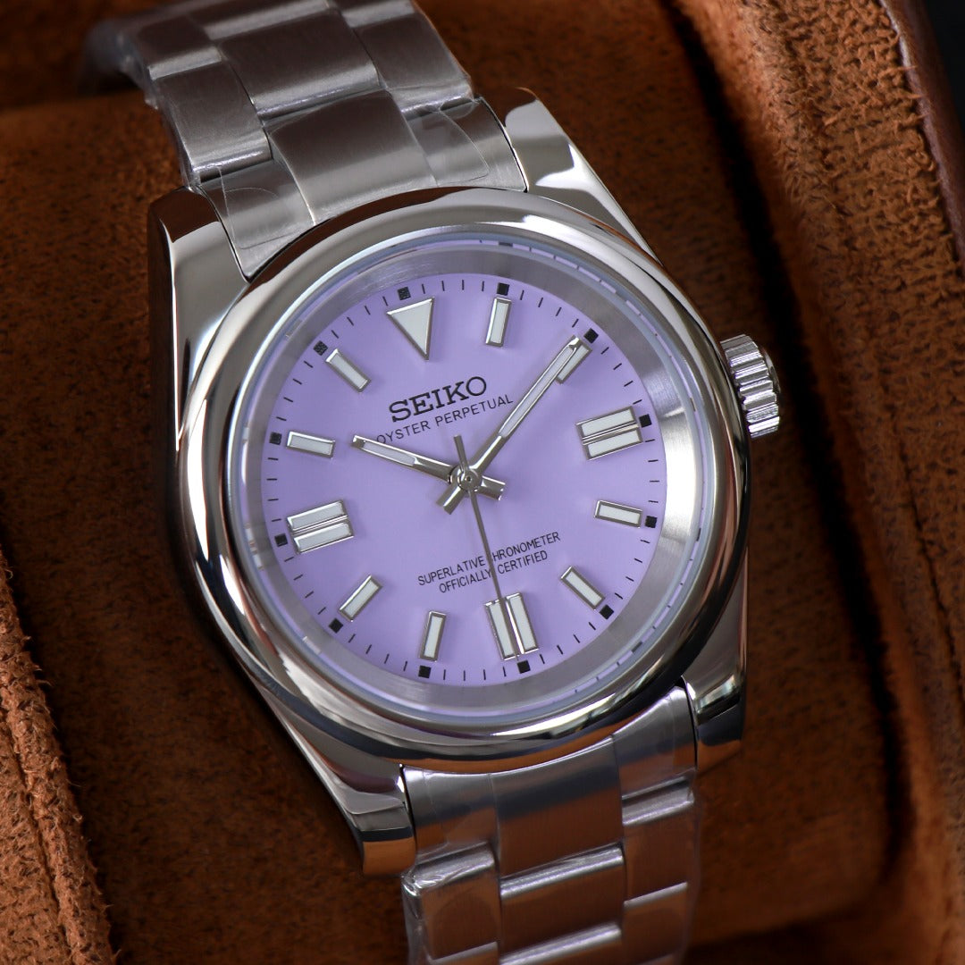 ORA Oyster Perpetual-style Seiko Mod watch, lavender dial, stainless steel, 36mm – case back detail