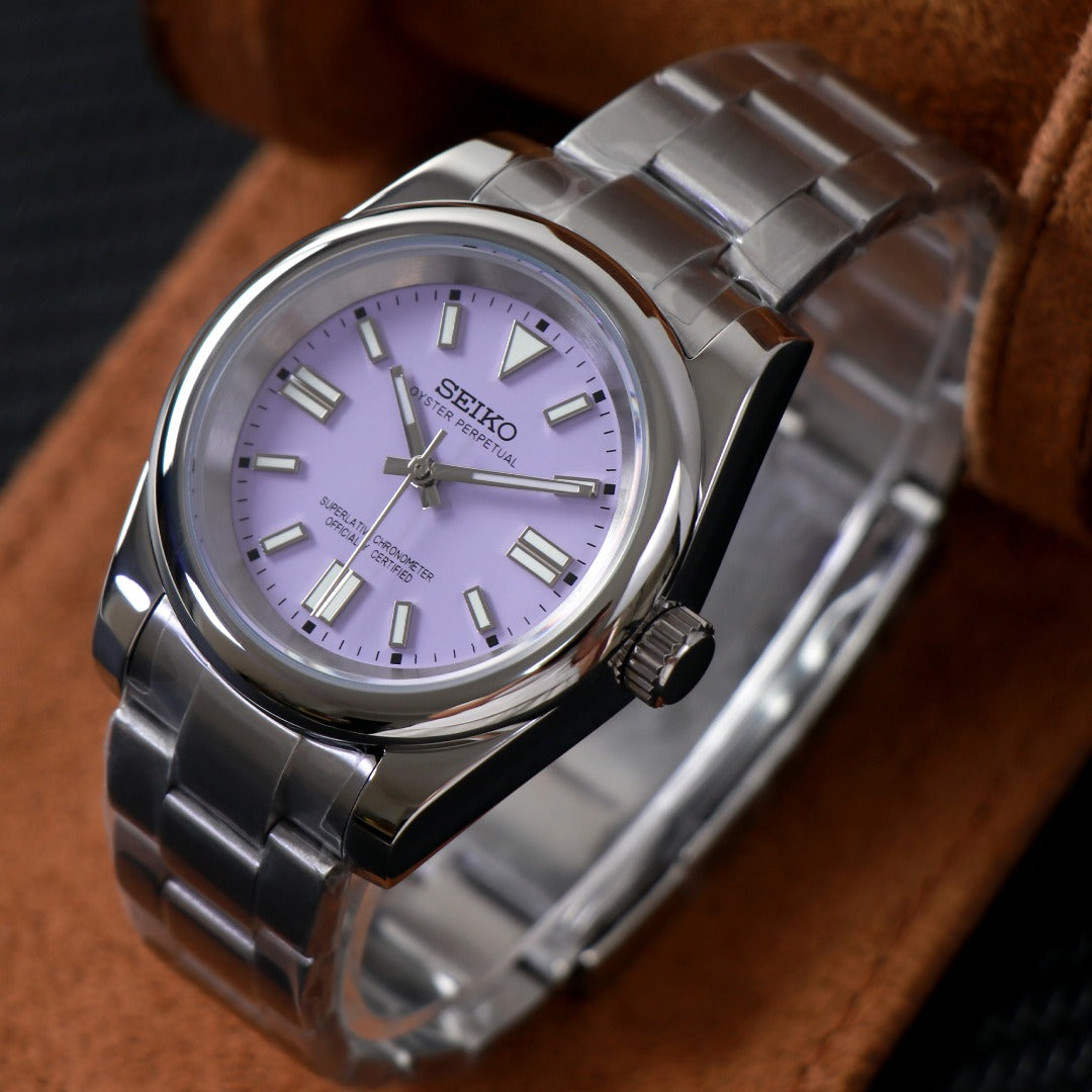 ORA Oyster Perpetual-style Seiko Mod watch, lavender dial, stainless steel, 36mm – angled view