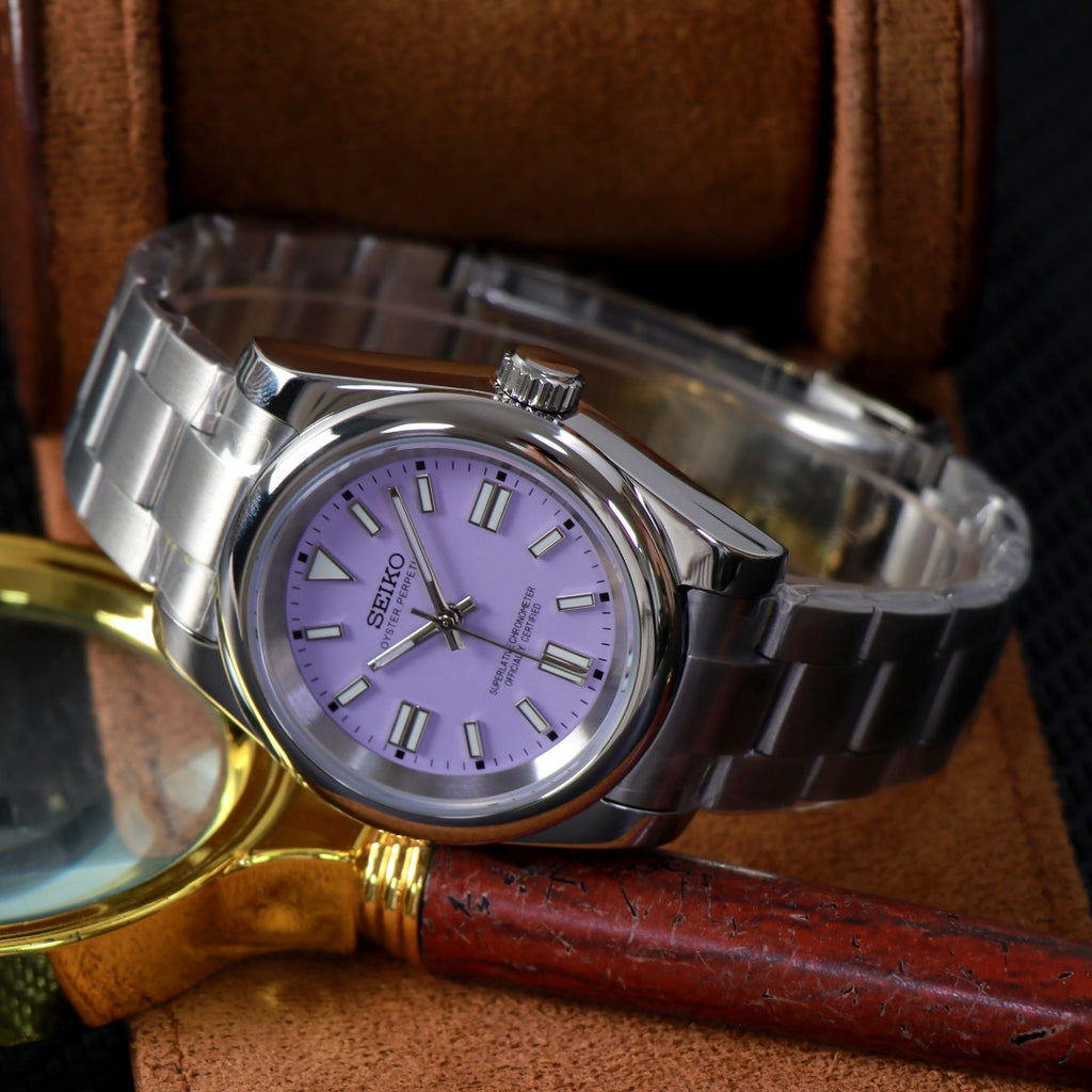 ORA Oyster Perpetual-style Seiko Mod watch, lavender dial, stainless steel, 36mm – side profile