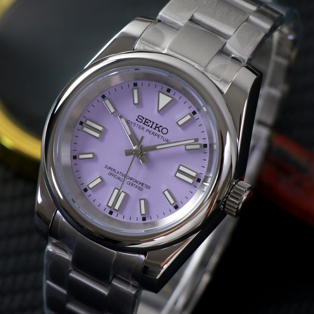 ORA Oyster Perpetual-style Seiko Mod watch, lavender dial, stainless steel, 36mm – front view