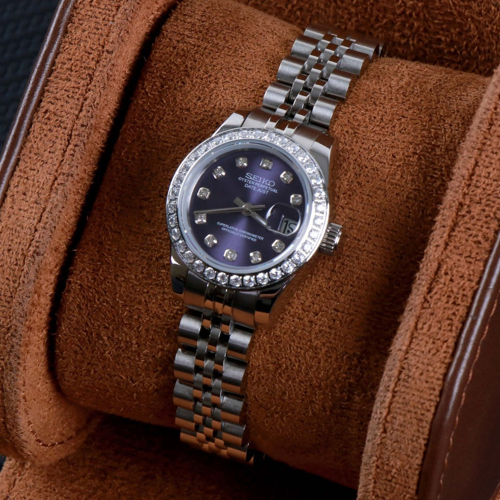 ORA Steel Datejust ladies Seiko Mod watch, purple sunray dial, diamond bezel, diamond hour markers, 28mm – front view