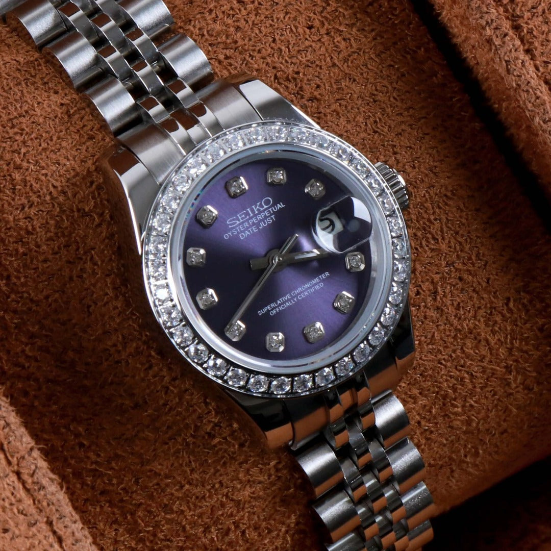 ORA Steel Datejust ladies Seiko Mod watch, purple sunray dial, diamond bezel, diamond hour markers, 28mm – side profile