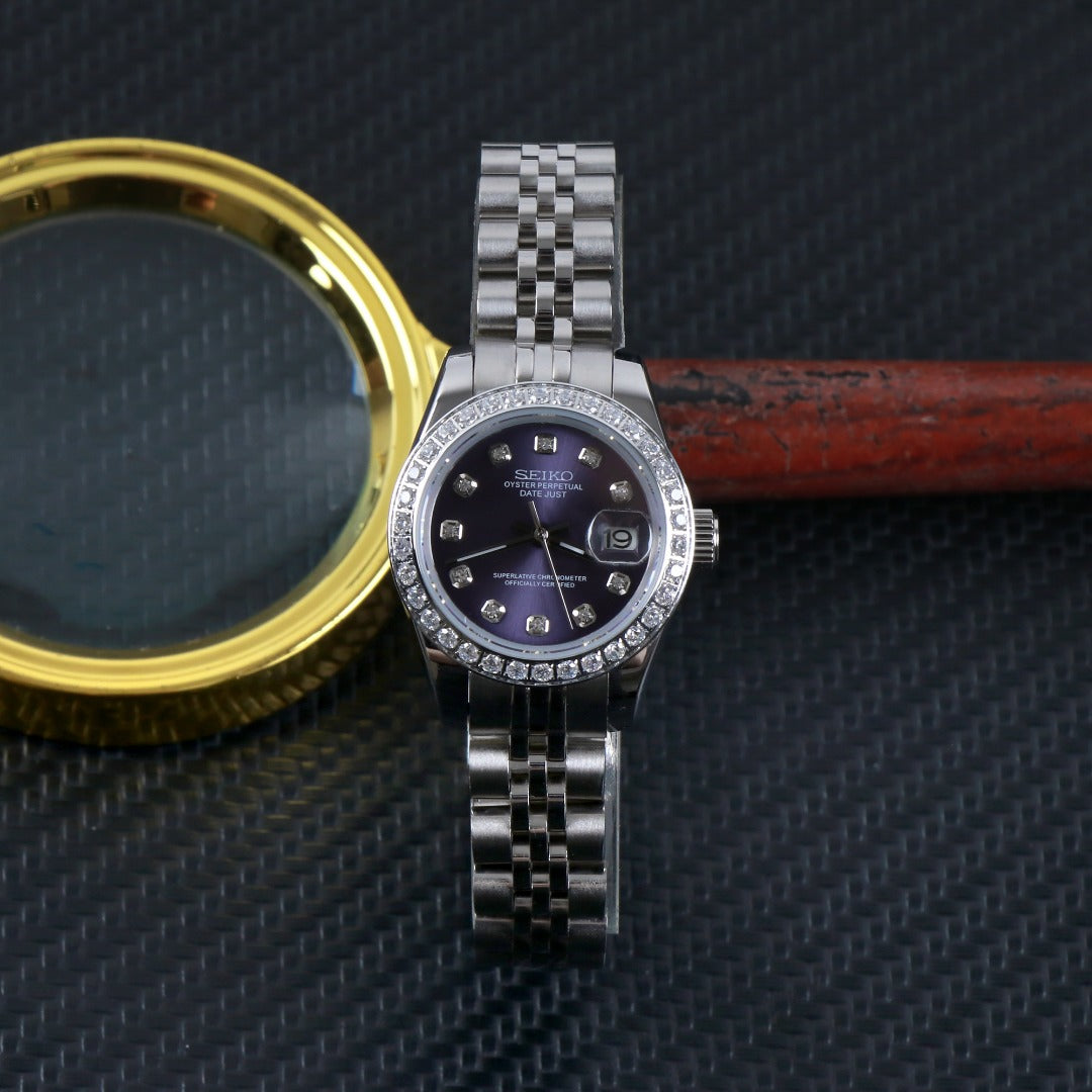 ORA Steel Datejust ladies Seiko Mod watch, purple sunray dial, diamond bezel, diamond hour markers, 28mm – case back detail