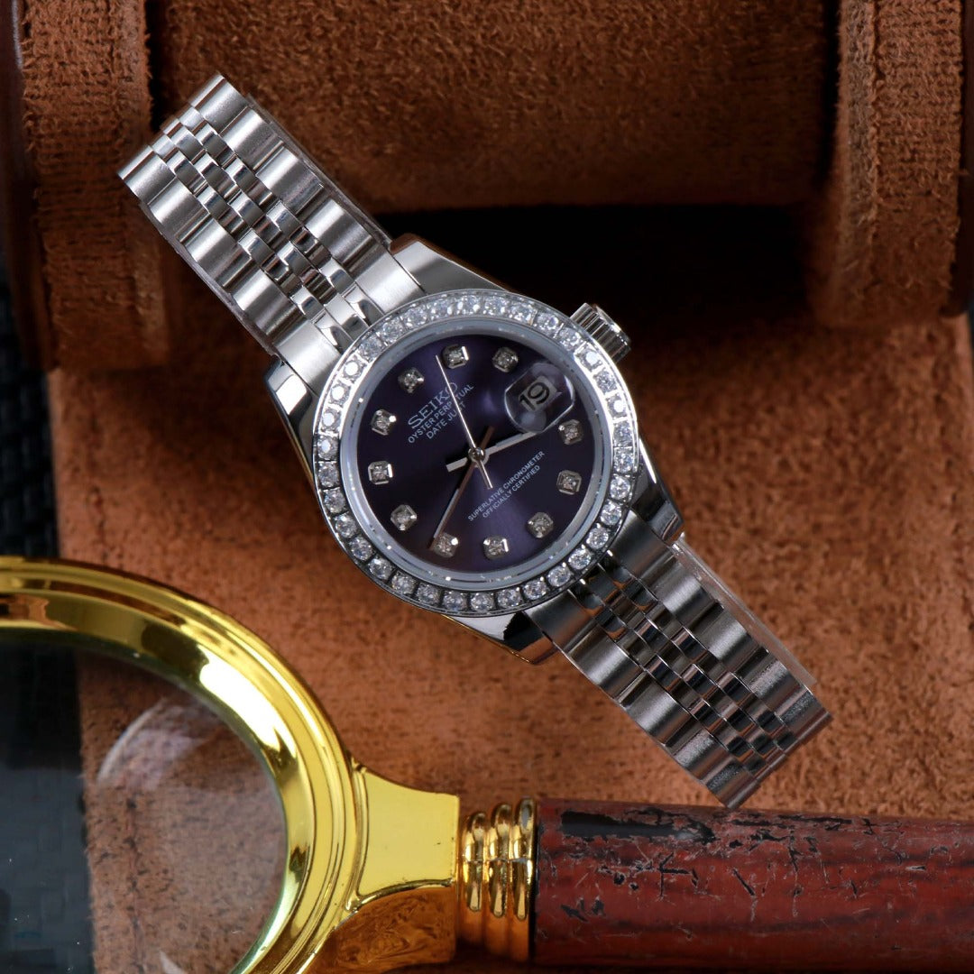 ORA Steel Datejust ladies Seiko Mod watch, purple sunray dial, diamond bezel, diamond hour markers, 28mm – product photography
