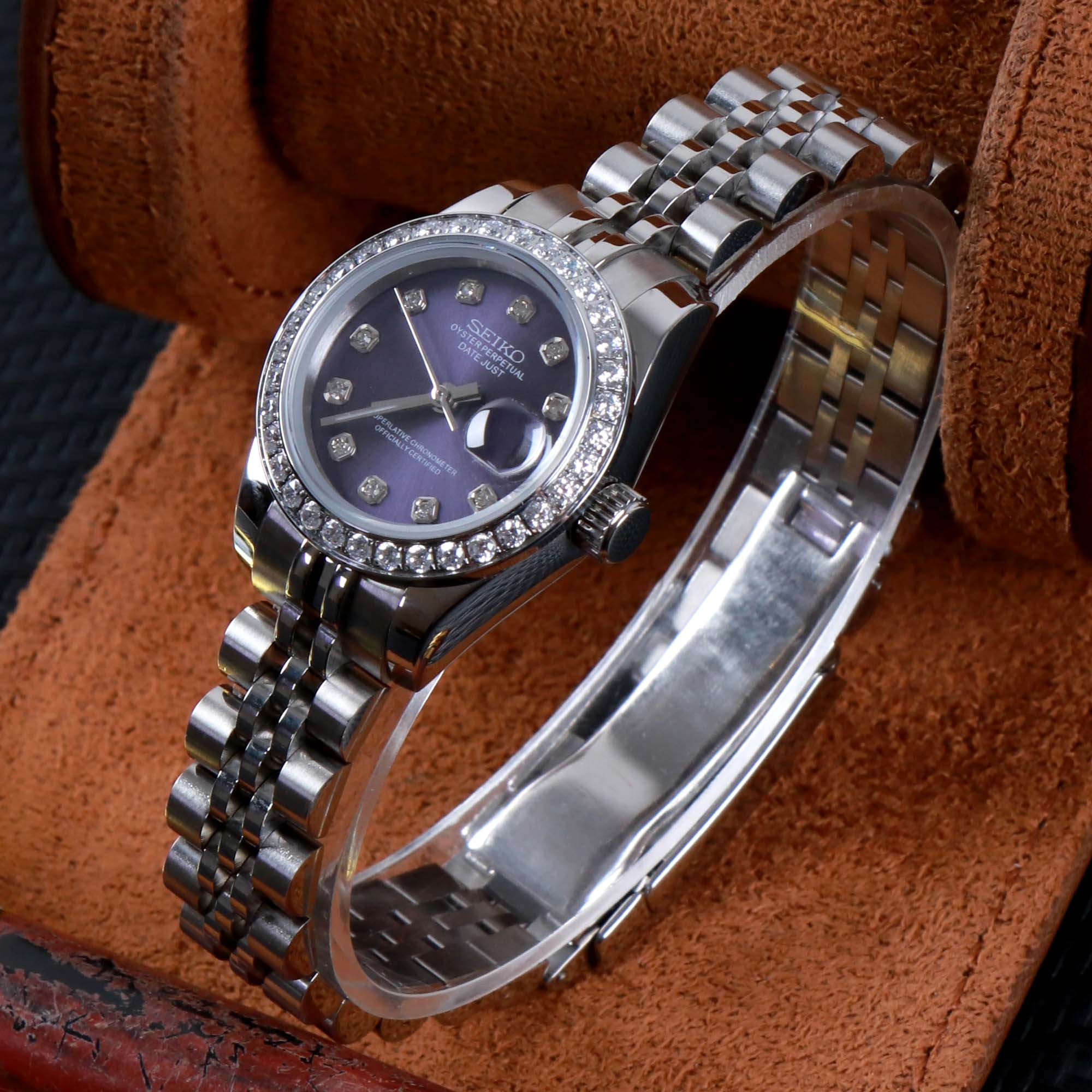 ORA Steel Datejust ladies Seiko Mod watch, purple sunray dial, diamond bezel, diamond hour markers, 28mm – bezel close-up
