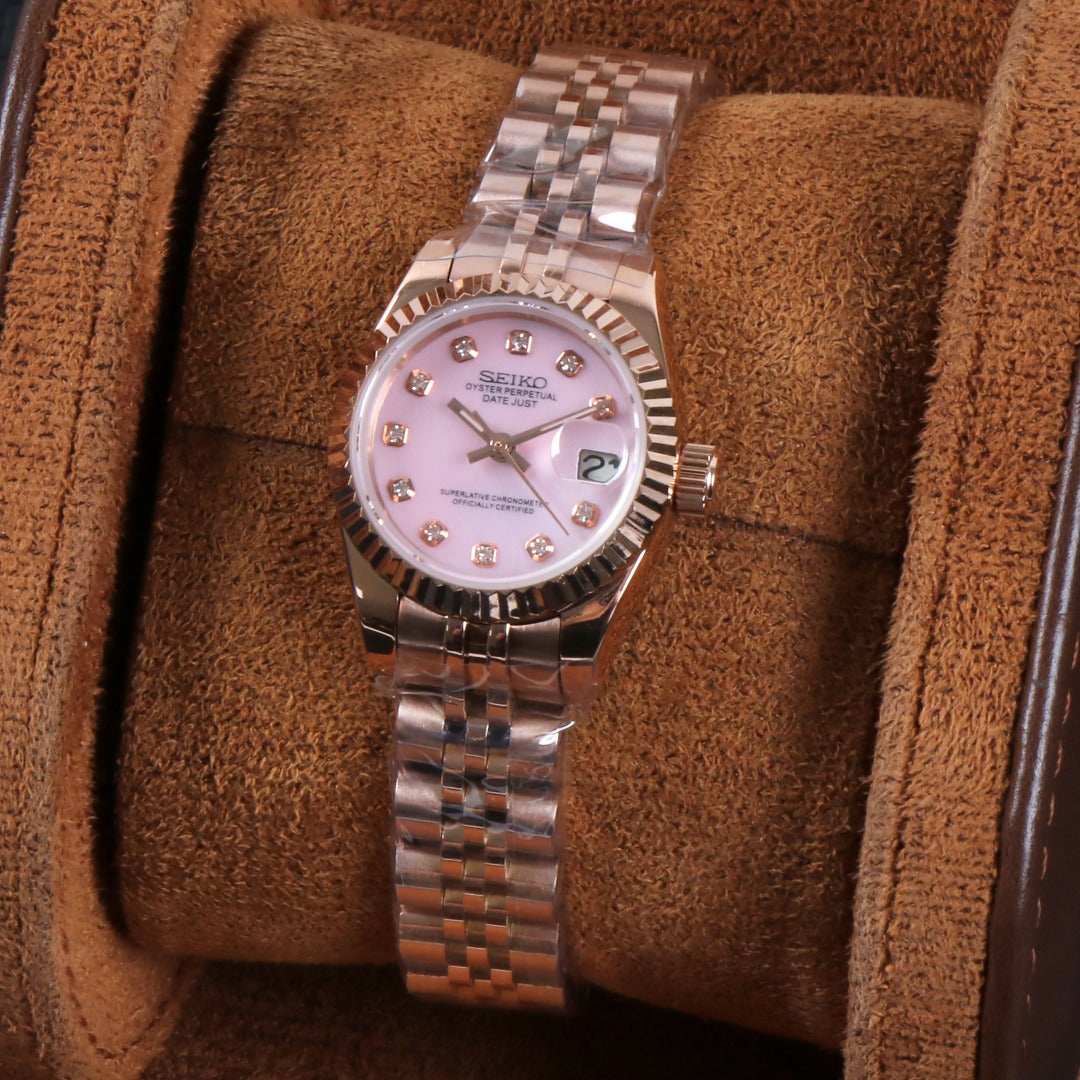 ORA Rose Gold Datejust ladies Seiko Mod watch, pink mother of pearl dial, diamond hour markers, 26mm – dial detail close-up