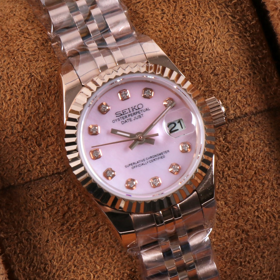 ORA Rose Gold Datejust ladies Seiko Mod watch, pink mother of pearl dial, diamond hour markers, 26mm – side profile