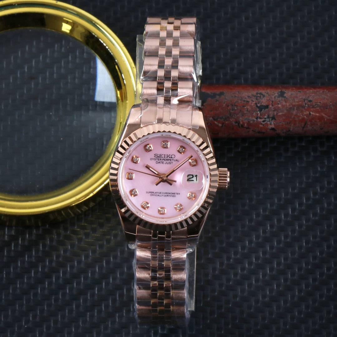 ORA Rose Gold Datejust ladies Seiko Mod watch, pink mother of pearl dial, diamond hour markers, 26mm – case back detail