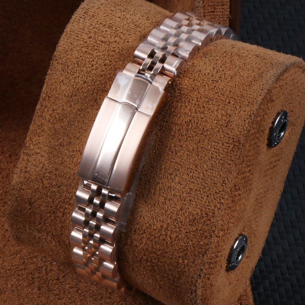 ORA Rose Gold Datejust ladies Seiko Mod watch, pink mother of pearl dial, diamond hour markers, 26mm – bezel close-up