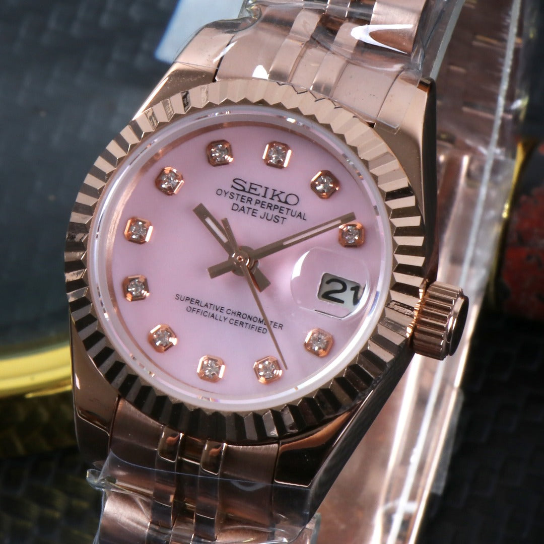 ORA Rose Gold Datejust ladies Seiko Mod watch, pink mother of pearl dial, diamond hour markers, 26mm – product photography